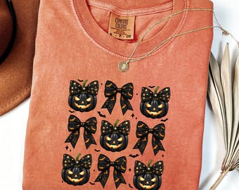 Comfort Colors® Coquette Halloween Shirt, Coquette Ghost Spooky Season, Cute Halloween Pumpkin Shirt, Bow T shirt, Pumpkin Coquette Bow Tee