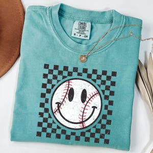 Comfort Colors® Checkered Baseball Smiley Face, Game Day Tee, Softball Shirt, Sports Mama Shirt, Baseball Fan Smiley Glove, Retro Baseball
