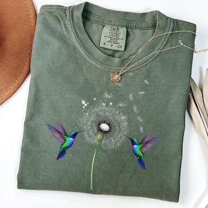 Comfort Colors®Retro Cute Dandelion Hummingbird Shirt, Cute Hummingbird Dandelion Shirt, Nature Lovers Tee, Cute Women Gift, Shirt For Woman