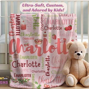 Personalized Pink Strawberry Name Blanket, Cute Baby Girl Gift, Custom Fruit Nursery Decor, Baby Name Blanket for Girls, Strawberry Blanket