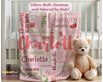 Personalized Pink Strawberry Name Blanket, Cute Baby Girl Gift, Custom Fruit Nursery Decor, Baby Name Blanket for Girls, Strawberry Blanket
