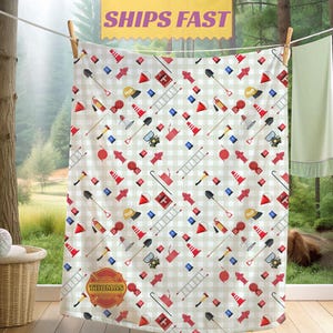 Personalized Firefighter Blanket, Custom Firetruck Baby Throw with Firefighter Gear, Name Blanket, Fireman Baby Shower Gift, Toddler Blanket