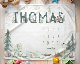 Dragon milestone blanket, baby monthly milestone blanket, personalized baby blanket, boy dragon nursery decor, baby shower gift, photo prop