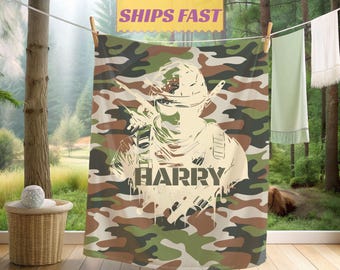 Personalized Camo Blanket, Custom Name Hunting Theme Nursery Blanket, Woodland Camouflage Plush Throw, Baby Shower Gift for Hunter Family