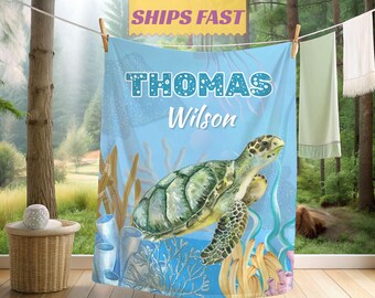 Sea Turtle Baby Blanket Personalized Custom Name Turtle Blanket Baby Boy Nursery Blanket Under The Sea Toddler Gift Blanket For Kids