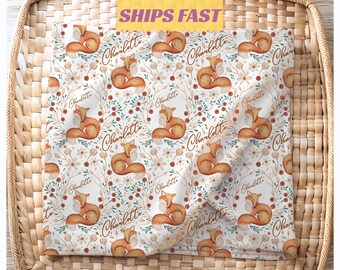 Personalized Fox Baby Blanket, Custom Woodland Name Blanket, Soft Cozy Plush Fox Blanket for Boys and Girls, Woodland Animal Nursery Gift
