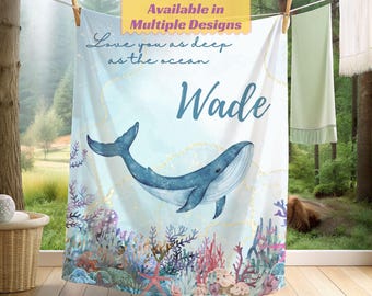 Personalized Baby Name Whale Ocean Themed Plush Blanket with Sea Creatures