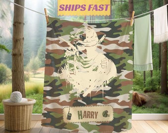 Personalized Camo Blanket, Custom Name Hunting Theme Nursery Blanket, Woodland Camouflage Plush Throw, Baby Shower Gift for Hunter Family