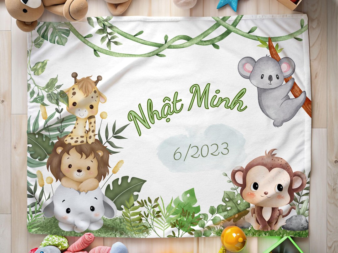 Personalized Safari Baby Blanket Jungle Animal Theme Custom Name Soft ...