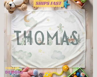 Personalized Dragon Blanket, Custom Baby Name Throw, Baby Boy Blanket, Velveteen Plush, Toddler Nap Blanket, Newborn Gift for Expecting Mom