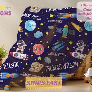 Personalized Outer Space Name Blanket for Kids, Custom Baby Boy Blanket with Planets and Rockets, Gift for Toddlers, Solar System Nursery