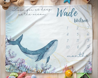 Personalized Ocean Baby Milestone Blanket, Sea Animal Monthly Photo Prop, Underwater Whale Blanket for Newborn Gift
