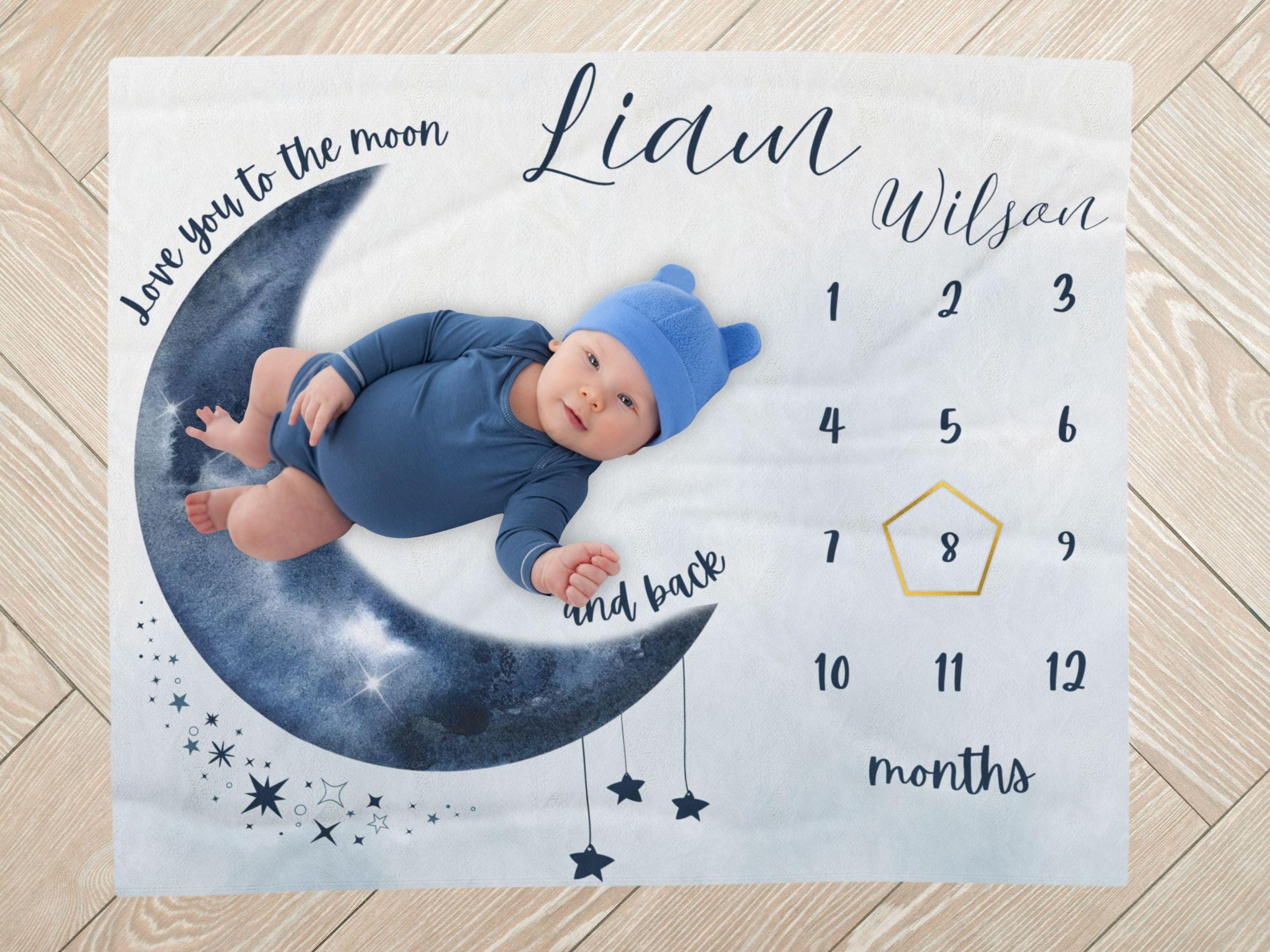 Baby Milestone Blanket Personalized Moon And Stars Monthly Growth Tracker To The Moon And Back Nursery Decor Newborn Photo Prop Gift Baby