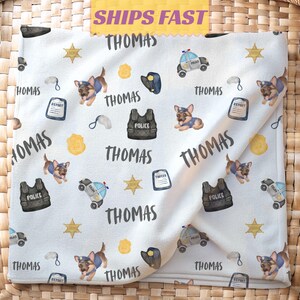 Personalized Police Baby Blanket for Boys, Custom Name Law Enforcement Blanket, Police Dog Blanket, Cop Theme Nursery Gift, Baby Shower Gift