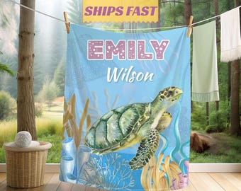 Personalized Turtle Baby Blanket Sea Turtle Nursery Blanket Custom Name Baby Shower Gift Under The Sea Toddler Blanket For Kids