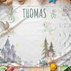 Dragon milestone blanket, baby monthly milestone blanket, personalized baby blanket, boy dragon nursery decor, baby shower gift, photo prop