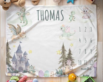 Dragon milestone blanket, baby monthly milestone blanket, personalized baby blanket, boy dragon nursery decor, baby shower gift, photo prop