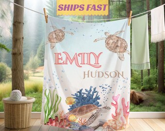 Personalized Turtle Baby Blanket Sea Turtle Nursery Blanket Custom Name Baby Shower Gift Under The Sea Toddler Blanket For Kids