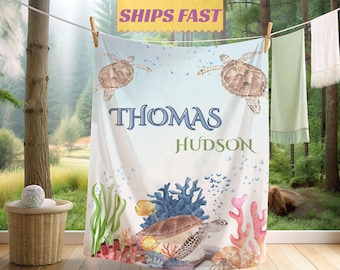 Sea Turtle Baby Blanket Personalized Custom Name Turtle Blanket Baby Boy Nursery Blanket Under The Sea Toddler Gift Blanket For Kids