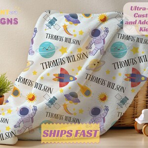 Personalized Outer Space Name Blanket for Kids, Custom Baby Boy Blanket with Planets and Rockets, Gift for Toddlers, Solar System Nursery