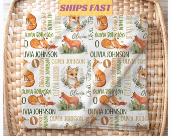 Personalized Fox Baby Blanket, Custom Woodland Name Blanket, Soft Cozy Plush Fox Blanket for Boys and Girls, Woodland Animal Nursery Gift