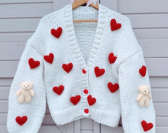 Knit Heart Cardigan, Teddy Bear Sleeves, Heart Sweater, Cute Heart Cardigan, Valentine&#39;s Day Gift, Romantic Gift For Her