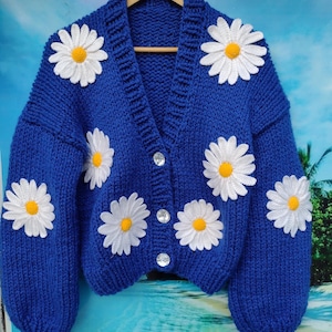 Daisy Cardigan, Floral Cardigan, Knitted Cardigan, Blue Woman&#39;s Cardigan, Embroidered Knitted Jacket, Valentines Day Gifts