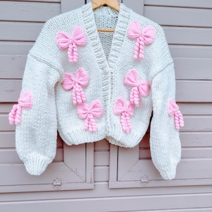 Pink bow cardigan, Ribbon cardigan, Unique ribbon sweater, Pink bow sweater, Women gift