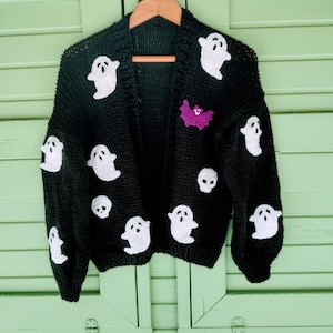 Ghost Cardigan Halloween Sweater – Spooky Knit Cardigan, Cozy Halloween Ghost Sweater, Handmade Knitwear, Fall Outfit