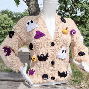 Halloween Cardigan - Spooky Ghost Knit Sweater, Cozy Pumpkin Fall Outfit, Witchy Oversized Halloween Jumper