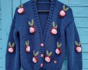 Navy Blue Cardigan with 3D Rose cardigan, Hand Knit Cardigan, Handmade Rose sweater, Vintage rose