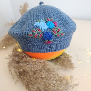 Hand-Knitted and Hand-Embroidered Women&#39;s Beret – Unique Crochet Hat for Winter