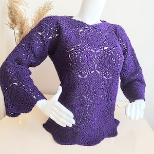 Handmade Artistic Purple Jumper, Crochet Jumper, Motif Sweater, Purple