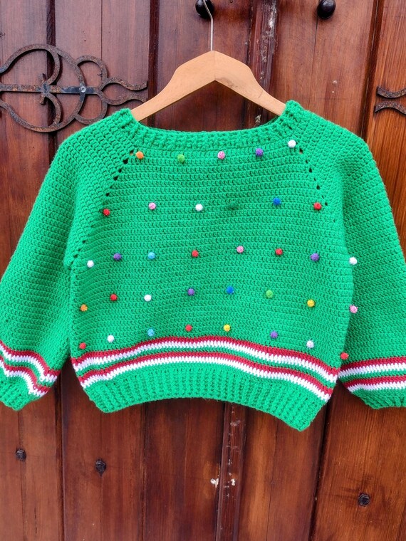 Green Jumper, Crochet Jumper, Handmade Pullover, Knit Sweater, Knited Pom  Pom Sweater, Christmas