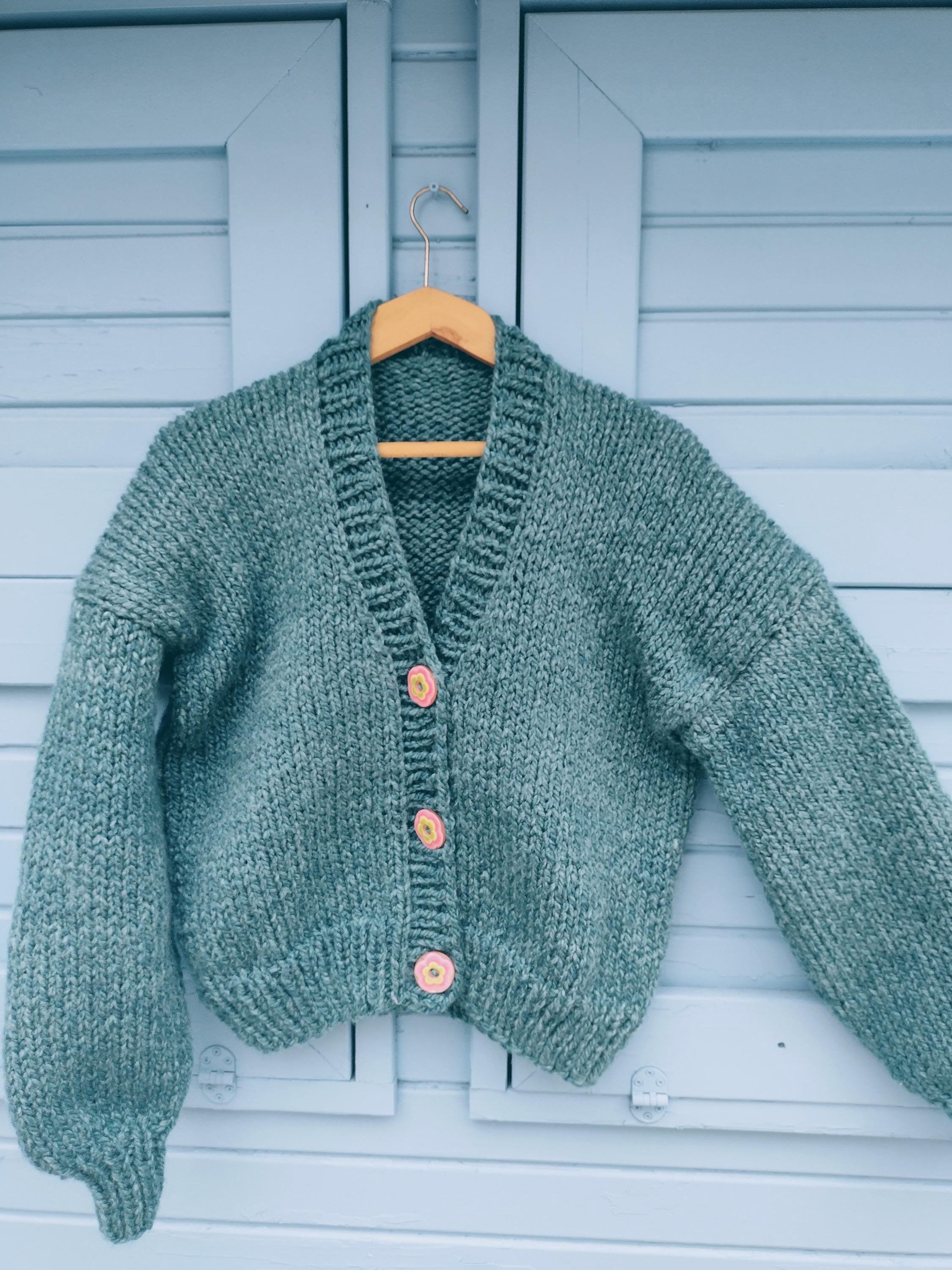 Handmade Green Knit Cardigan - Cozy Chunky Button-Up Sweater for Women Gift