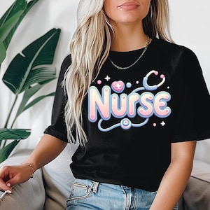Cute Nurse T-Shirt, Kawaii Stethoscope Nurse Tee, Nursing Gift for Women & Healthcare Workers,   Pastel Nursing Design Tee,