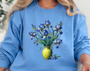 Blue Irises Sweatshirt | Artistic Floral Design | Aesthetic Flower Crewneck | Botanical Art Sweatshirt | Unique Gift for Her