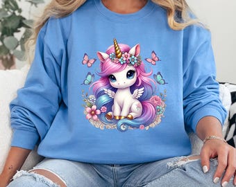 Pastel Unicorn Sweatshirt - Whimsical Floral Butterfly Pullover, Magical Unicorn Lover Top