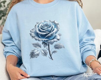 Frosted Blue Ice Rose Sweatshirt - Elegant Winter Crystalline Floral Design - Cozy Gift for Her - Unique Artistic Apparel