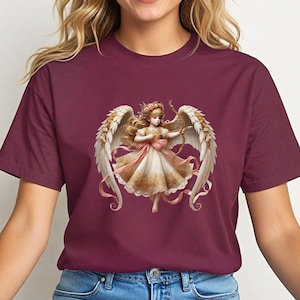 Elegant Cupid Angel T-Shirt - Vintage-Inspired Angelic Design with Floral Crown and Bow - Soft Pastel Aesthetic Tee for Women & Girls