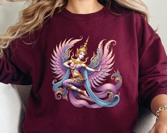 Elegant Thai Mythical Dancer Sweatshirt / Pastel Purple and Gold Design / Unique Cultural Art Apparel / Cozy Gift for Art Lovers