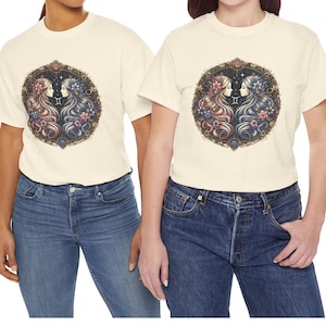 Gemini Zodiac T-Shirt - Elegant Floral Astrology Gift for Gemini Lovers - Horoscope Birthday Tee with Celestial Design