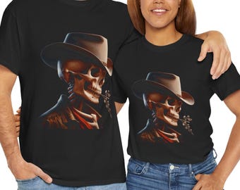 Cowboy Skeleton T-Shirt | Gothic Western Skull Graphic Tee, Halloween Cowboy Style