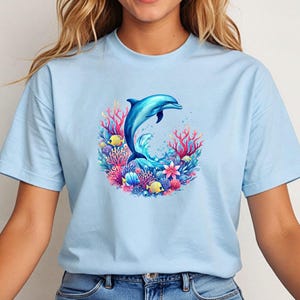 Blue Dolphin Watercolor T-Shirt - Vibrant Coral & Ocean Design - Marine Life Shirt - Artistic Underwater Tee - Gift for Ocean Lovers