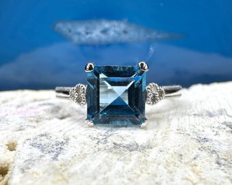 Blue Topaz Diamond Ring 10k White Gold Size 7