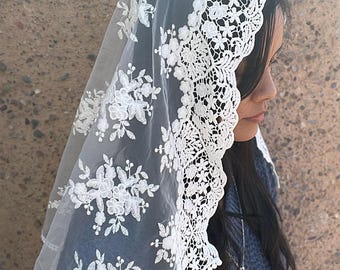 Chapel Veil D Shape - Traditional Catholic Mass Mantilla - Ivory White Floral Lace Head Covering - Catholic Wedding - Queen of All Saints