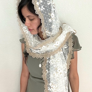 Gold and White Lace Chapel Veil - Shawl Wrap Veil - Traditional Catholic Mass Mantilla - Mother of Good Counsel