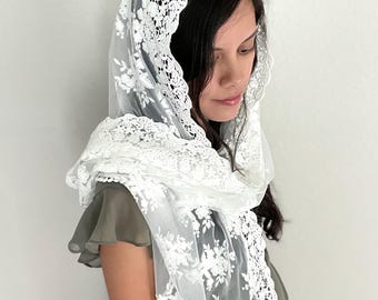 Shawl Wrap Chapel Veil - Traditional Catholic Mass Mantilla - Ivory White Floral Lace Embroidery - Catholic Wedding - Queen of All Saints