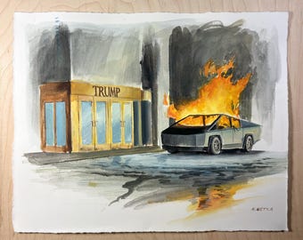 Pintura de paisaje urbano en gouache con CyberTruck