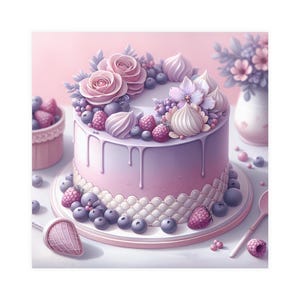 Könnte beinhalten: Ein wunderschön dekorierter Kuchen mit einem rosa-lila Farbverlauf, verziert mit rosa Rosen, Blaubeeren, Himbeeren und Baiser-Wirbeln. Der Kuchen steht auf einer weißen Oberfläche, mit einem kleinen Behälter mit Beeren und einer Vase mit Blumen im Hintergrund.